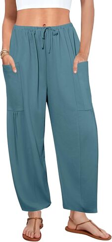 DLOODA Flowy Wide Leg Pants for Women, Drawstring Palazzo Harem Pants Casual Beach Vacation Trousers with Pockets Lake Blue in Saudi Arabia