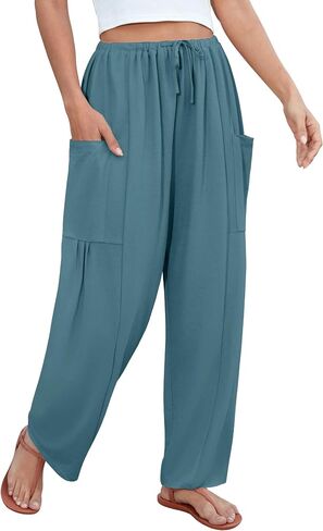 DLOODA Flowy Wide Leg Pants for Women, Drawstring Palazzo Harem Pants Casual Beach Vacation Trousers with Pockets Lake Blue in Saudi Arabia