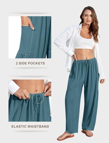 DLOODA Flowy Wide Leg Pants for Women, Drawstring Palazzo Harem Pants Casual Beach Vacation Trousers with Pockets Lake Blue in Saudi Arabia