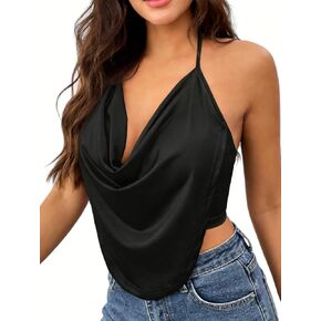 OYOANGLE Women's Draped Plunging Cropped Halter Tops Sleeveless Backless Rave Party Shirts in Saudi Arabia