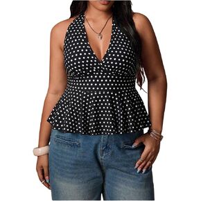 Floerns Women's Plus Size Y2K Backless Halter Top Sleeveless Ruffle Peplum Going Out Tops in Saudi Arabia