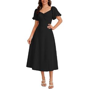 J.Corrine Aline Dress for Women Short Puff Sleeve V Neck Semi Formal Midi Dress Flowy Wedding Guest Tea Party Dresses in Saudi Arabia
