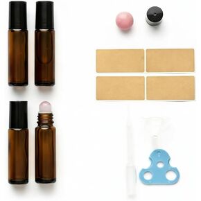 4 PACK Roller Bottles with Natural Rose Quartz Balls - 10ml Refillable Amber Glass Essential Oil Roll On Kit, Leak-Proof for Travel, Aromatherapy, DIY Perfume & Gifts (10ml Pink Glod Amber Bottles) in Saudi Arabia
