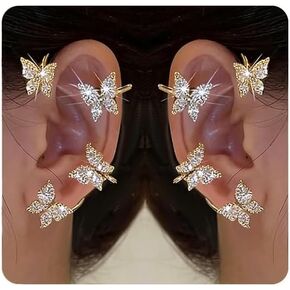 Clip On Butterfly Ear Cuffs & Wraps for Women 2 Pairs, Rhinestone Non Piercing Ear Clips, Perfect for White Party, Wedding & Bridal Jewelry in Saudi Arabia