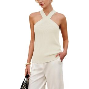 Springrain Womens Summer Cross Over Halter Knit Tank Tops Casual Sleeveless V Neck Solid Pullover in Kuwait