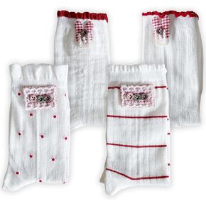 4 Pairs Women Cute Mid Calf Socks Red Plaid Bunny Ruffle Polka Dot Soft Crew Slouch Socks Korean Style Spring Summer in Saudi Arabia