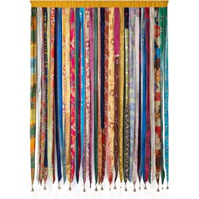 Multicolor Hippie Handmade Boho Silk Sari Ribbon Curtain Doorway Divider Recycled Fabric with Bells, Multicolor Light-Filtering Rod Pocket, 82" L x 42" W in Saudi Arabia