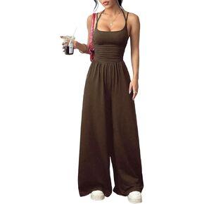 Voghtic Women's Spaghetti Strap Wide Leg Jumpsuit Ruched Waist Casual Summer One Piece Sleeveless Flowy Jumpsuits in Saudi Arabia