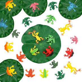 24 Pieces Mini Plastic Frog Toys and Artificial Lily Pads, Include Colorful Realistic Frogs Rainforest Animals Figures Character Toys and Floating Foam Leaves for Pool Decor Party Favor in Saudi Arabia