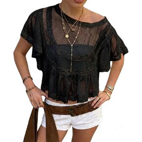 Womens Sheer Poncho Top Lace Mesh Cover Up Peplum Blouse See Through Boho Beach Going Out Tops in Saudi Arabia