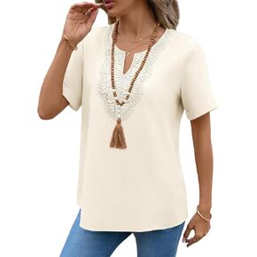 LOMON Womens Short Sleeve Tops Cotton Linen Shirts Loose Casual V Neck Lace Blouses Summer Vacation Clothes in Kuwait