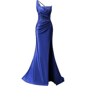 Mermaid Satin Prom Dresses Long with Slit One Shoulder Lace Formal Evening Party Gowns for Women in Saudi Arabia