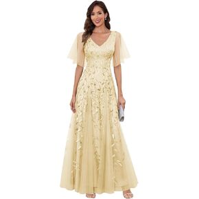 V-Neck Sequin Mother of The Bride Dresses for Women Long Tulle A-line Evening Formal Dress with Sleeves in Saudi Arabia