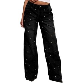 Famnbro Women Sparkly Jeans Y2K Dome Stud High Waisted Baggy Straight Wide Leg Bling Glitter Studded Denim Pants in Saudi Arabia