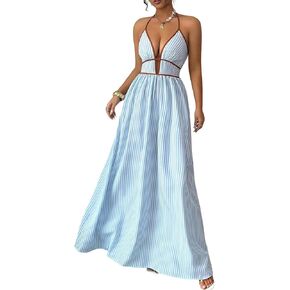 Women's Summer Sleeveless Striped Smocked Flowy Swing Maxi Halter V Neck A Line Casual Long Beach Vacation Dresses in Saudi Arabia