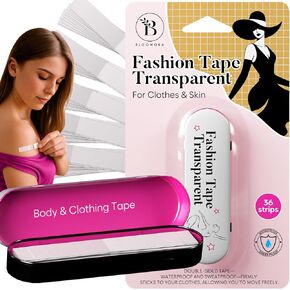 BLOOMORA Fashion Tape – Double Sided Clothing Adhesive for Women & Men – 36 Transparent Strips (3" x 0.5") – Waterproof Adhesive Strips for Body & Dress – Fabric Tape - Metal Box in Saudi Arabia