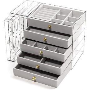 grey Jewelry Box Organizer, Transparent Acrylic Case with Velvet-Lined 5 drawers and 2 side drawers, Versatile Compartments for Earrings, Rings, Necklaces, Bracelets in Saudi Arabia