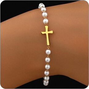 Gold Pearl Bracelets for Women 18K Gold Plated Cross Bracelets Dainty Beaded Pearl Jewelry Simple Christian Jewelry Baptism Gifts in Saudi Arabia