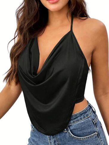 OYOANGLE Women's Draped Plunging Cropped Halter Tops Sleeveless Backless Rave Party Shirts in Saudi Arabia