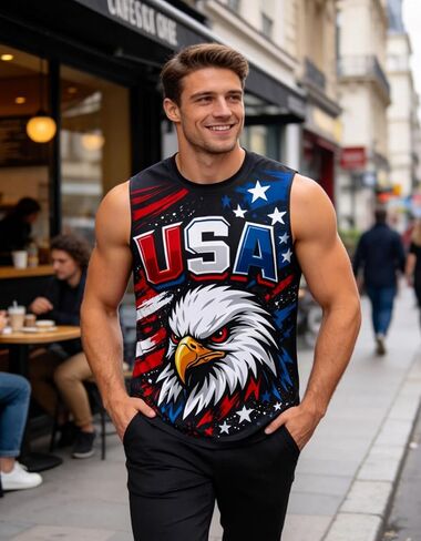 4th of July Tank Top Men, Patriotic American Flag USA Sleeveless Shirt, Soft Breathable Muscle Casual Apparel in Saudi Arabia