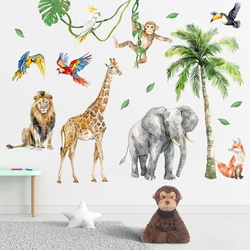 Mfault Tropical Jungle Animal Wall Decals Stickers, Safari Elephant Giraffe Lion Fox Monkey Toucan Parrot Plant Nursery Decoration Bedroom Art, African Wildlife Palm Tree Kids Room Playroom Decor in Kuwait