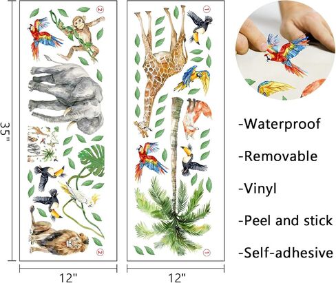 Mfault Tropical Jungle Animal Wall Decals Stickers, Safari Elephant Giraffe Lion Fox Monkey Toucan Parrot Plant Nursery Decoration Bedroom Art, African Wildlife Palm Tree Kids Room Playroom Decor in Kuwait