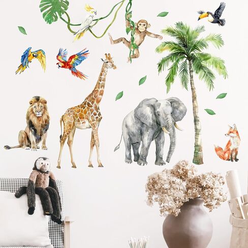 Mfault Tropical Jungle Animal Wall Decals Stickers, Safari Elephant Giraffe Lion Fox Monkey Toucan Parrot Plant Nursery Decoration Bedroom Art, African Wildlife Palm Tree Kids Room Playroom Decor in Kuwait