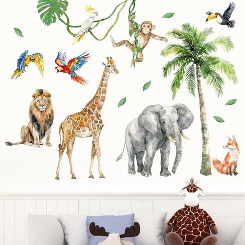 Mfault Tropical Jungle Animal Wall Decals Stickers, Safari Elephant Giraffe Lion Fox Monkey Toucan Parrot Plant Nursery Decoration Bedroom Art, African Wildlife Palm Tree Kids Room Playroom Decor in Kuwait