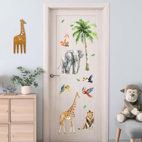 Mfault Tropical Jungle Animal Wall Decals Stickers, Safari Elephant Giraffe Lion Fox Monkey Toucan Parrot Plant Nursery Decoration Bedroom Art, African Wildlife Palm Tree Kids Room Playroom Decor in Kuwait