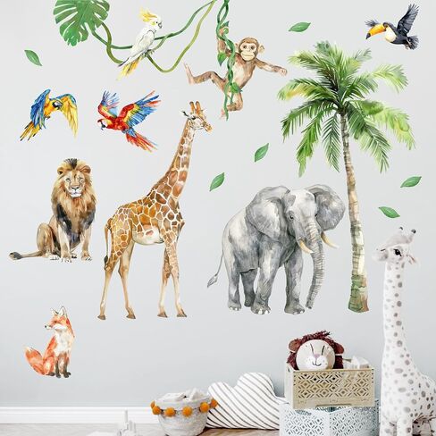 Mfault Tropical Jungle Animal Wall Decals Stickers, Safari Elephant Giraffe Lion Fox Monkey Toucan Parrot Plant Nursery Decoration Bedroom Art, African Wildlife Palm Tree Kids Room Playroom Decor in Kuwait