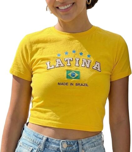 Graphic Brazil Crop Top for Women Brazilian Flag Embroidered Baby Tee Slim Fit Crewneck Top Jersey Sportswear in Saudi Arabia