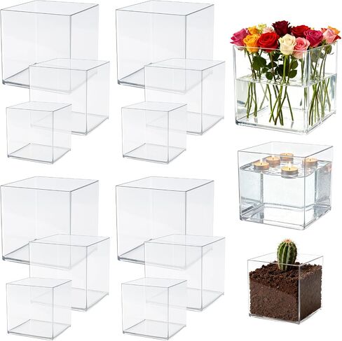 12 Pack Clear Acrylic Square Vase Set, Modern Transparent Cube Flower Vases for Faux Flowers, Succulents, Wedding Home Décor (3 Sizes: 3 in, 4 in, 4.7 in) in Saudi Arabia
