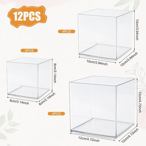 12 Pack Clear Acrylic Square Vase Set, Modern Transparent Cube Flower Vases for Faux Flowers, Succulents, Wedding Home Décor (3 Sizes: 3 in, 4 in, 4.7 in) in Saudi Arabia