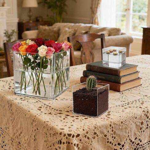 12 Pack Clear Acrylic Square Vase Set, Modern Transparent Cube Flower Vases for Faux Flowers, Succulents, Wedding Home Décor (3 Sizes: 3 in, 4 in, 4.7 in) in Saudi Arabia