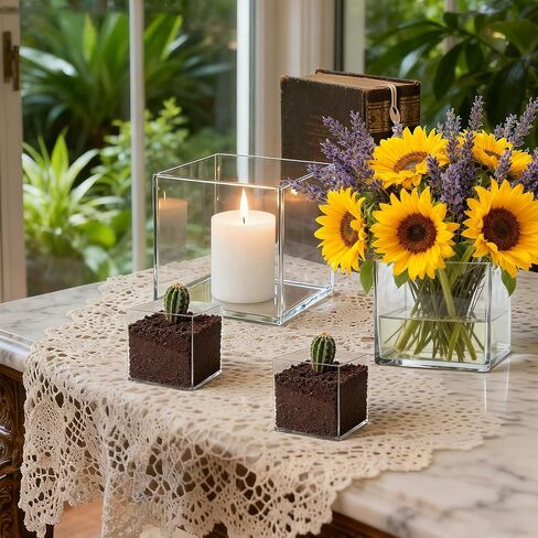 12 Pack Clear Acrylic Square Vase Set, Modern Transparent Cube Flower Vases for Faux Flowers, Succulents, Wedding Home Décor (3 Sizes: 3 in, 4 in, 4.7 in) in Saudi Arabia