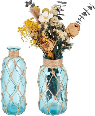 2PCS Coastal Glass Vases for Flowers, Light Blue Flower Vase with with Boho Rope Sea Glass Vase Nautical Beach Bottle for Wedding Table Centerpieces Floral Arrangement Party Home Decor in Saudi Arabia