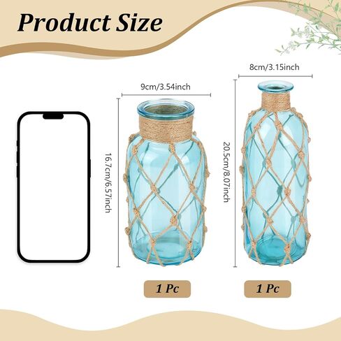 2PCS Coastal Glass Vases for Flowers, Light Blue Flower Vase with with Boho Rope Sea Glass Vase Nautical Beach Bottle for Wedding Table Centerpieces Floral Arrangement Party Home Decor in Saudi Arabia