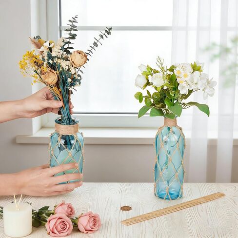 2PCS Coastal Glass Vases for Flowers, Light Blue Flower Vase with with Boho Rope Sea Glass Vase Nautical Beach Bottle for Wedding Table Centerpieces Floral Arrangement Party Home Decor in Saudi Arabia