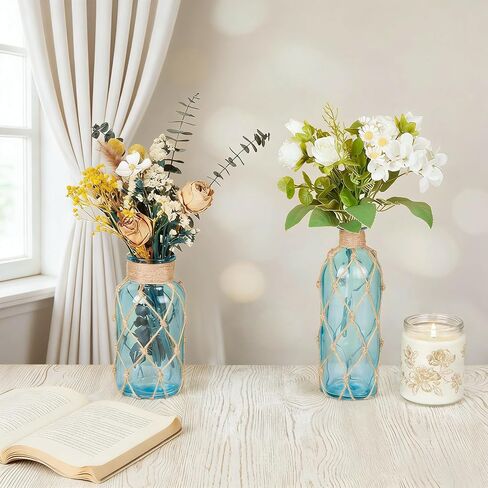2PCS Coastal Glass Vases for Flowers, Light Blue Flower Vase with with Boho Rope Sea Glass Vase Nautical Beach Bottle for Wedding Table Centerpieces Floral Arrangement Party Home Decor in Saudi Arabia