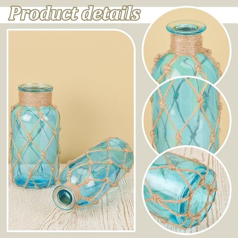 2PCS Coastal Glass Vases for Flowers, Light Blue Flower Vase with with Boho Rope Sea Glass Vase Nautical Beach Bottle for Wedding Table Centerpieces Floral Arrangement Party Home Decor in Saudi Arabia
