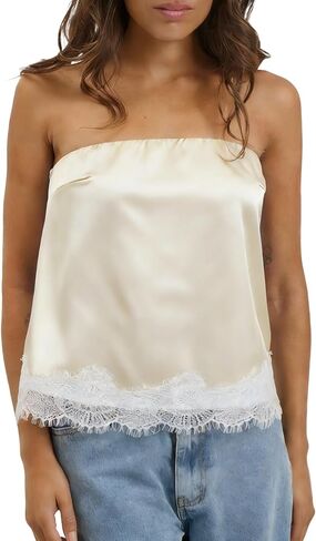 Women Y2K Lace Trim Satin Tube Top Silk Strapless Loose Bandeau Top Sexy Going Out Layering Shirt Streetwear in Saudi Arabia