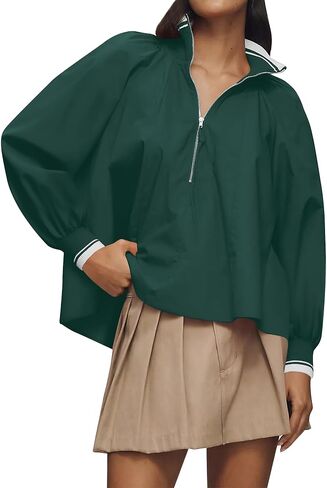 Dsewpaur Women Half Zip Puff Sleeve Sporty Henley Blouse Dressy Casual Loose Fit Swing Tops Tunic Shirt in Kuwait