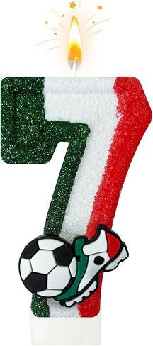 Soccer Number 7 Candle Glitter Soccer Ball Cake Topper, Green White Red Birthday Candle, Sports Theme Cake Decoration for Celebrations in Saudi Arabia