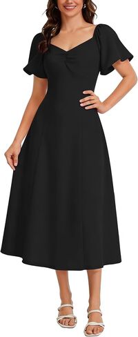J.Corrine Aline Dress for Women Short Puff Sleeve V Neck Semi Formal Midi Dress Flowy Wedding Guest Tea Party Dresses in Saudi Arabia