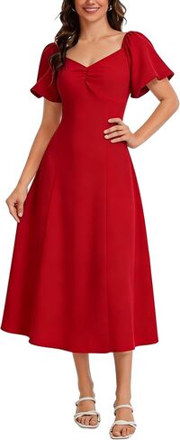 J.Corrine Aline Dress for Women Short Puff Sleeve V Neck Semi Formal Midi Dress Flowy Wedding Guest Tea Party Dresses in Saudi Arabia