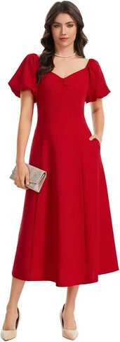 J.Corrine Aline Dress for Women Short Puff Sleeve V Neck Semi Formal Midi Dress Flowy Wedding Guest Tea Party Dresses in Saudi Arabia