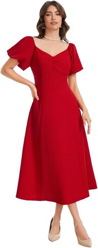 J.Corrine Aline Dress for Women Short Puff Sleeve V Neck Semi Formal Midi Dress Flowy Wedding Guest Tea Party Dresses in Saudi Arabia