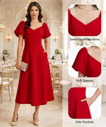 J.Corrine Aline Dress for Women Short Puff Sleeve V Neck Semi Formal Midi Dress Flowy Wedding Guest Tea Party Dresses in Saudi Arabia