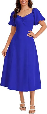 J.Corrine Aline Dress for Women Short Puff Sleeve V Neck Semi Formal Midi Dress Flowy Wedding Guest Tea Party Dresses in Saudi Arabia