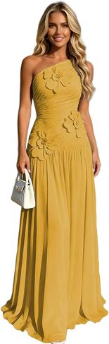 One Shoulder Bridesmaid Dresses for Women 3D Flower Pleated Chiffon Formal Wedding Guest Dress in Saudi Arabia